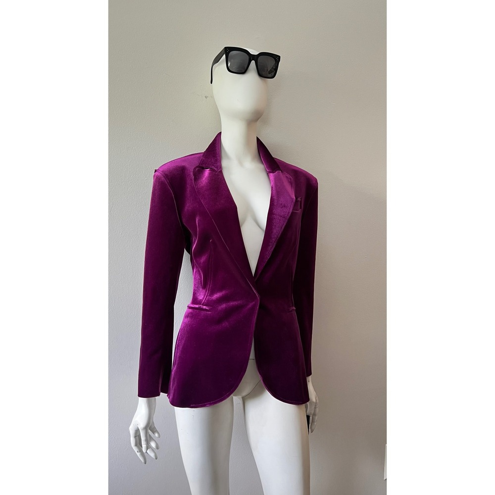 Norma Kamali Raspberry Velvet Blazer XS 34 90s Glam Power Shoulder Party - Picture 3 of 7